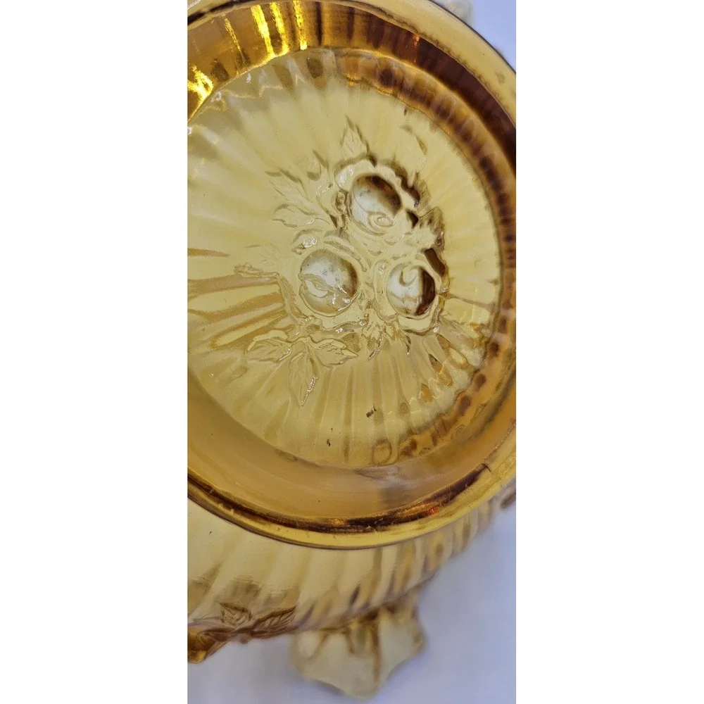 Vintage Amber Pressed Glass Basket Ruffled Edges Roses Applied Handle